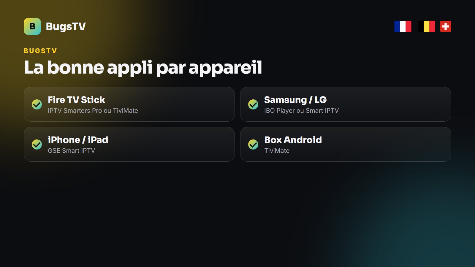 Choix de l'application BugsTV selon l'appareil : Fire Stick, Samsung, LG, iPhone, box Android