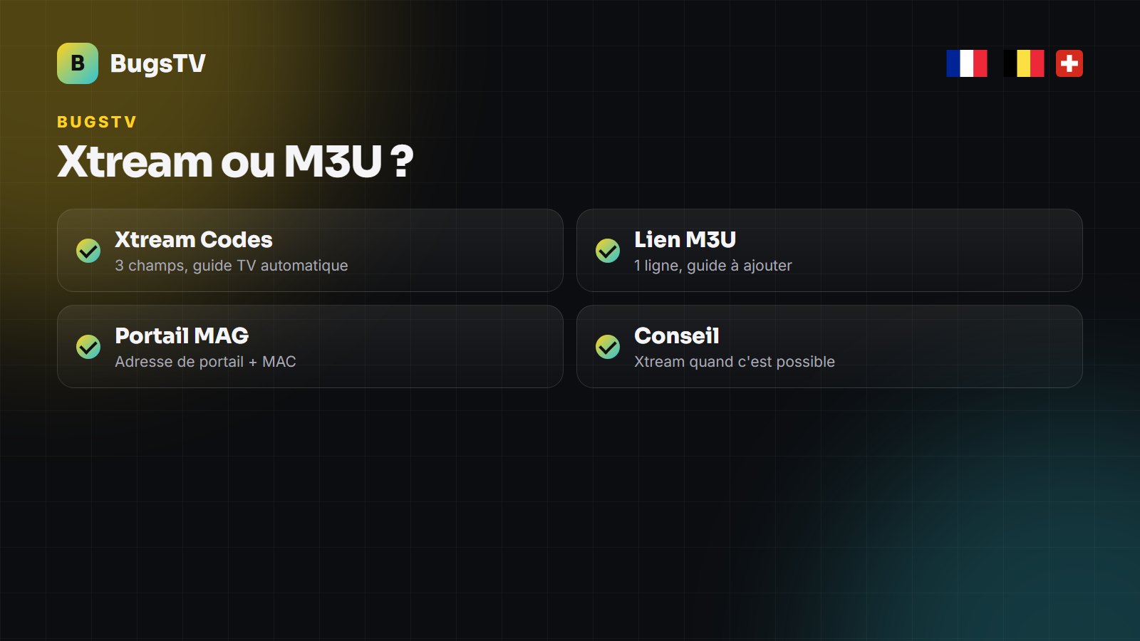 Différences entre code Xtream, lien M3U et portail MAG pour l'IPTV