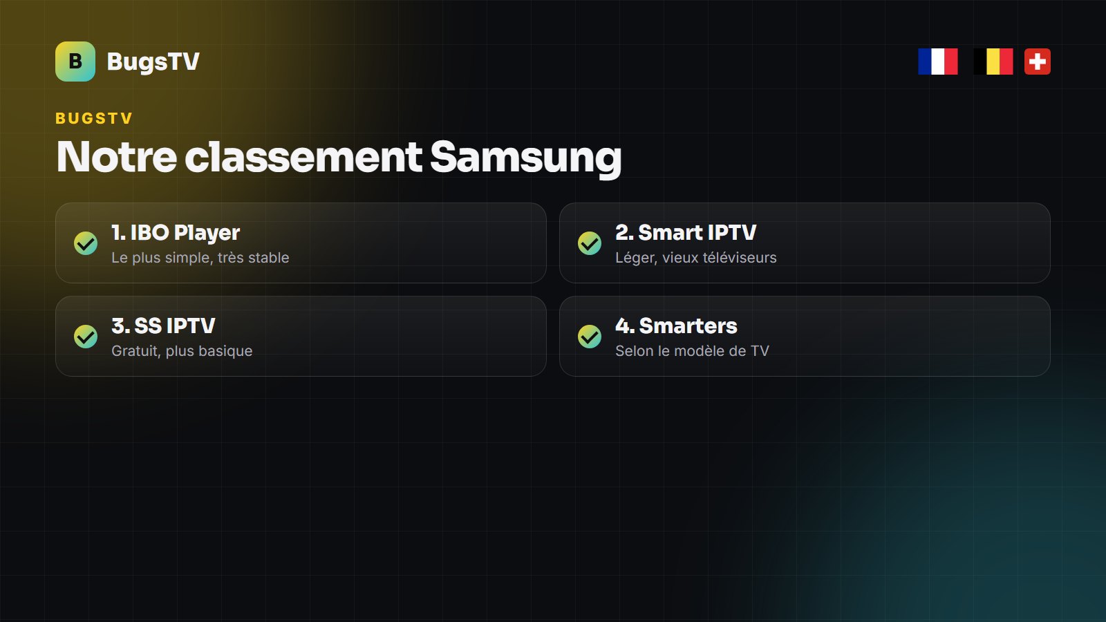 Classement des applications IPTV pour Smart TV Samsung : IBO Player, Smart IPTV, SS IPTV, Smarters
